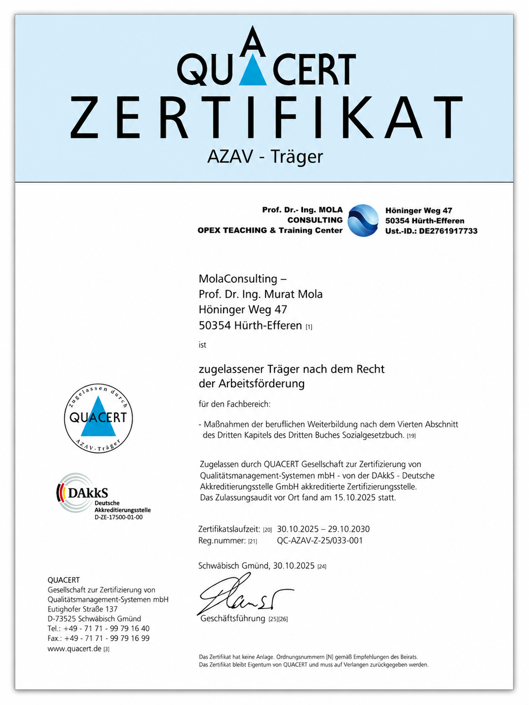 Bildungsträgerzertifikat Mola Consulting AZAV