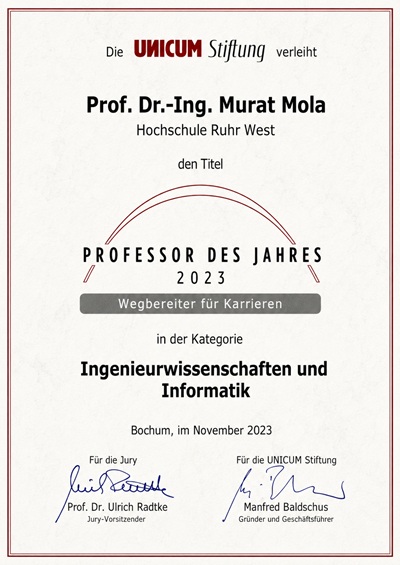 Urkunde Professor des Jahres 2023 Prof. Dr.-Ing. Murat Mola