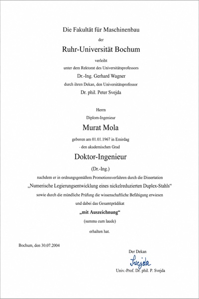 Promotionsurkunde Dr.-Ing. Murat Mola summa cum laude Ruhr-Universität Bochum