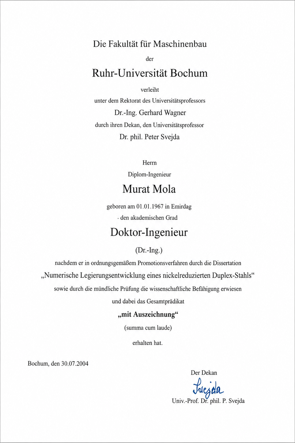 Promotionsurkunde Dr.-Ing. Murat Mola summa cum laude Ruhr-Universität Bochum